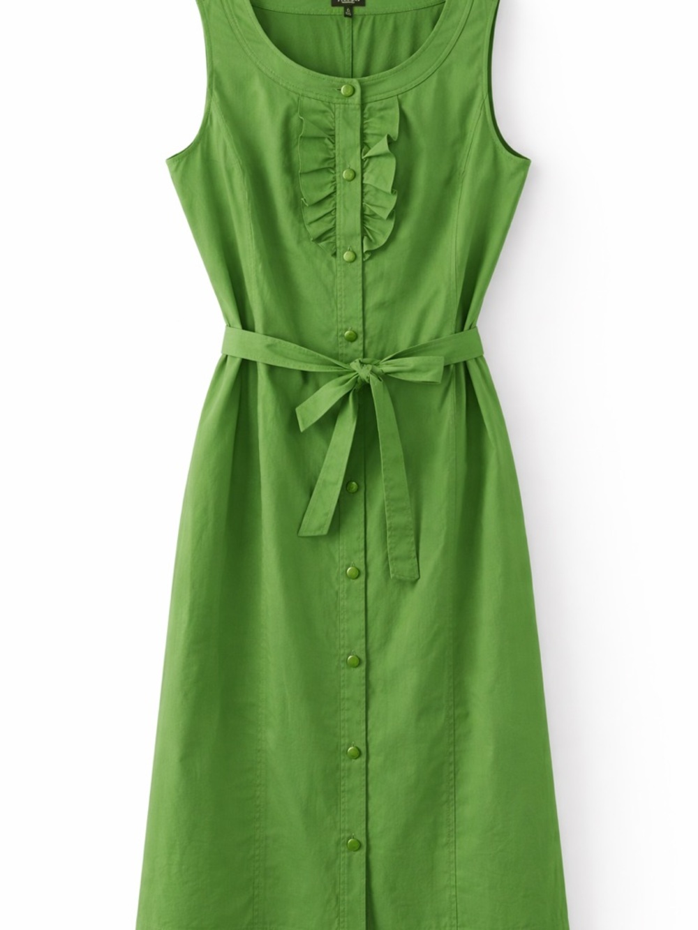 Talbots Green Button Front Dress Sz 12 Ruffle Sleeveless Belted Midi